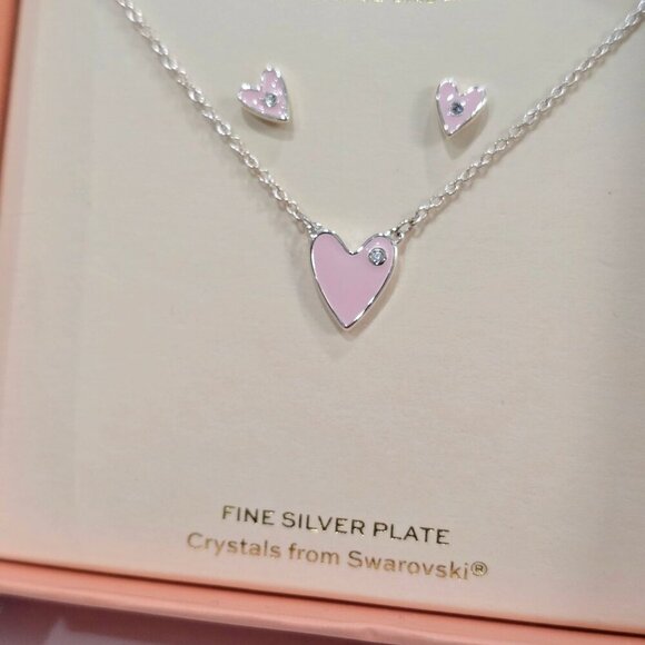 FAO Schwarz Necklace & Earrings Set – Pink Mother of Pearl Hearts Swarovski - Picture 3 of 5